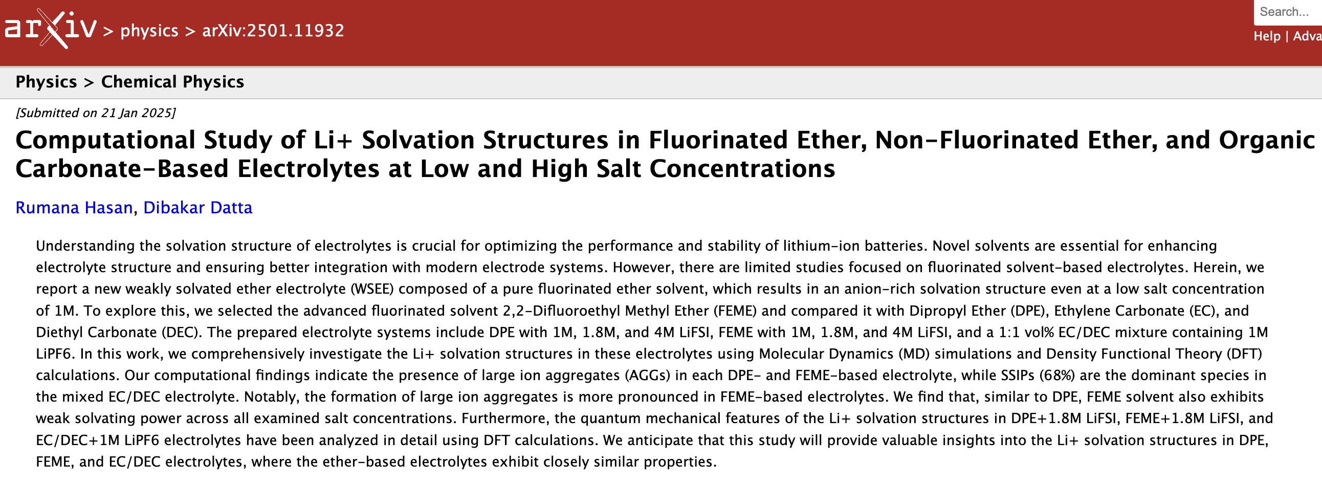 Preprint : Li+ Solvation Structures in Electrolytes | Dibakar Datta ...